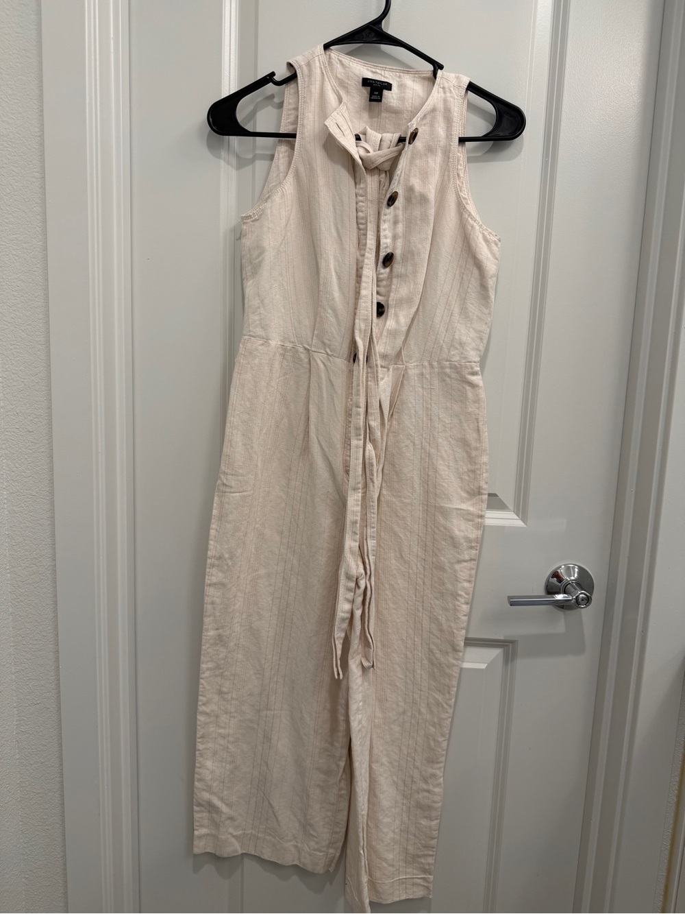 Ann Taylor Cream Sleeveless Linen Jumpsuit with Waist Tie